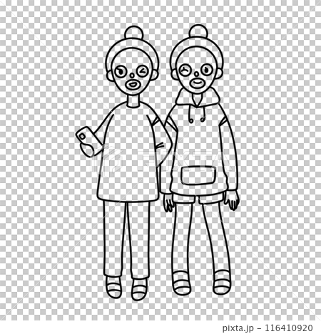Two people are standing next to each other, one of them holding a cell phone Two people are standing next to each other, one of them holding a cell phone 116410920