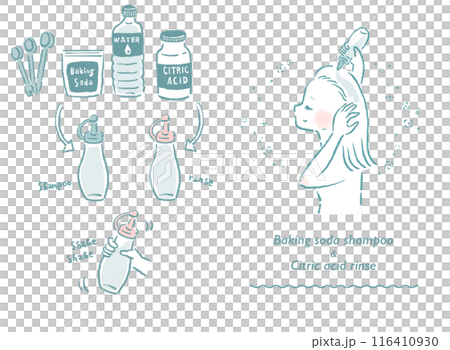 重曹シャンプーとクエン酸リンスのイメージイラスト 重曹シャンプーとクエン酸リンスのイメージイラスト 116410930
