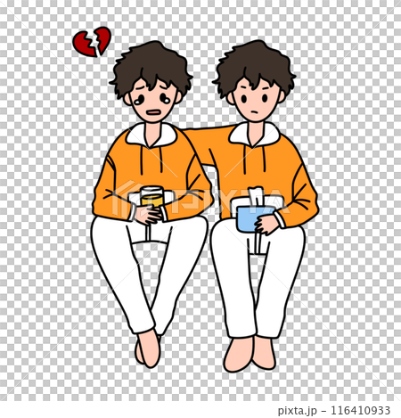 Two young men sitting on a bench, one of them holding a cup 116410933