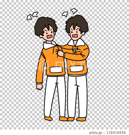Two young men are fighting, one of them is wearing an orange shirt 116410936