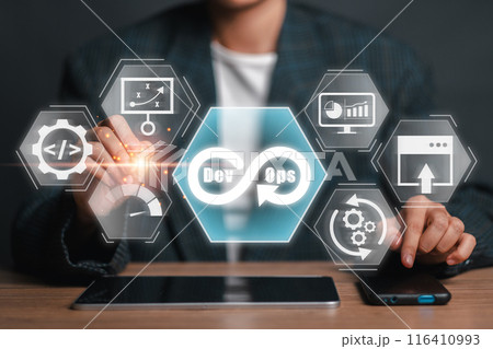 Futuristic DevOps concept showcasing technology icons for software development and IT operations, emphasizing integration and automation. 116410993