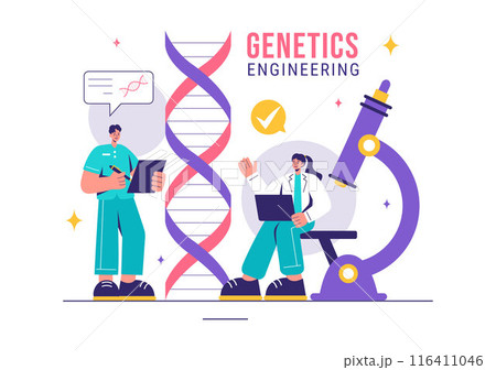 Vector Illustration of Genetic Engineering and DNA Modifications with Genetics Research or Experiment Scientists in a Flat Cartoon Style Background Vector Illustration of Genetic Engineering and DNA Modifications with Genetics Research or Experiment Scientists in a Flat Cartoon Style Background 116411046