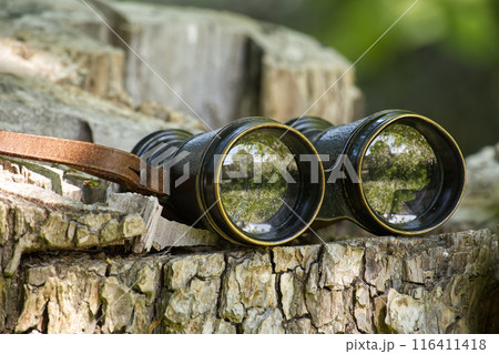Antique binoculars on tree stump in nature setting reflecting outdoor landscape 116411418