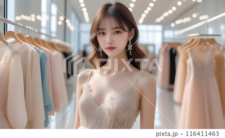 アパレル店の店内でポーズをとったオシャレなファッションをした美人女性モデル　AI生成 116411463