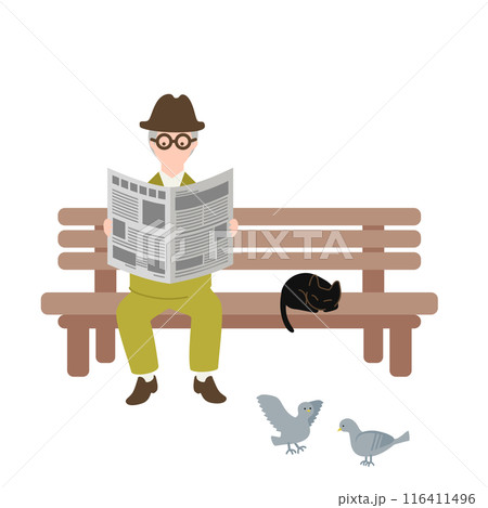 ベンチに腰掛け新聞を読む老紳士と、くつろぐ黒猫とハトのイラスト 116411496