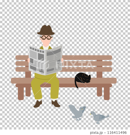 ベンチに腰掛け新聞を読む老紳士と、くつろぐ黒猫とハトのイラスト 116411496
