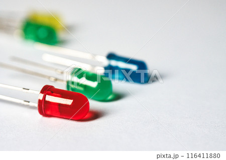 A row of Through Hole led diodes, red green and blue, electronic component 116411880