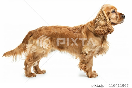 A poised American Cocker Spaniel stands in profile, showcasing its lush golden coat and refined silhouette. The breed's friendly disposition and beauty are on full display. 116411965