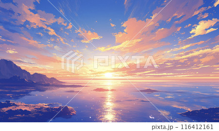 朝日に染まる雲と海　AI画像 116412161