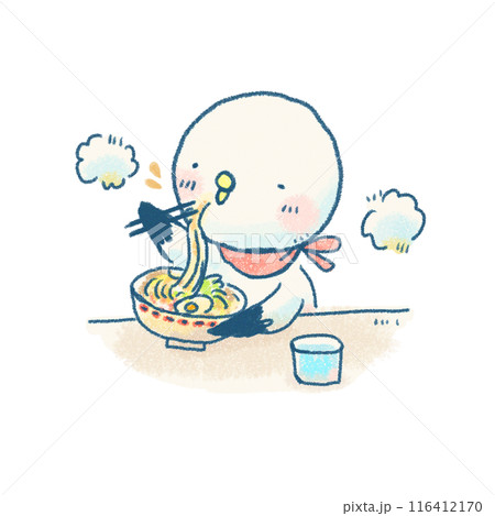 可愛いかもめが美味しそうにラーメンを食べるイラスト 116412170