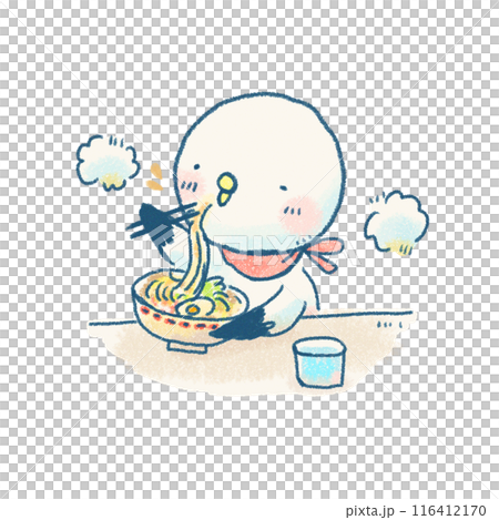 可愛いかもめが美味しそうにラーメンを食べるイラスト 116412170
