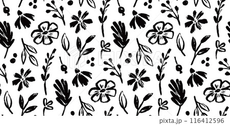 Flower brush seamless pattern. Floral abstract hand drawn brush paint background. Sketch hand drawn leaf floral paint seamless pattern. Black simple texture flower background. Vector 116412596