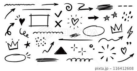 Line shape marker underline, arrow, heart brush element set. Hand drawn sketch marker underline shape, arrow, heart scribble brush pen stroke element. Crown, love graphic icon. Vector 116412608