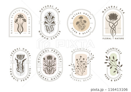 Botanical badges. Floral stylized pictures with decorative flowers and place for personal text recent vector template Botanical badges. Floral stylized pictures with decorative flowers and place for personal text recent vector template 116413106
