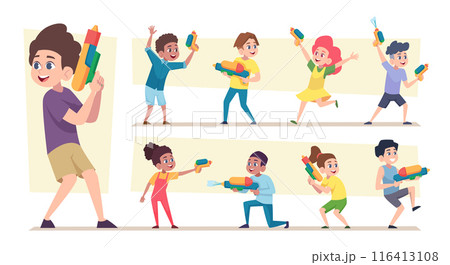 Water pistol. Summer toys weapon for kids playing in water games exact vector funny people in cartoon style 116413108