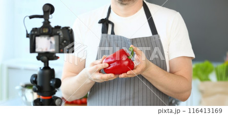 Male Hands Recording Pepper Culinary Recipe Blog 116413169