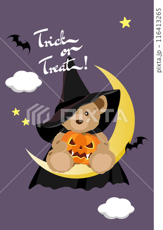 ハロウィンの仮装をしたクマのぬいぐるみと背景のイラストのイラスト