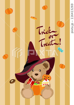 クマのぬいぐるみとポップなハロウィンのポストカード 116413269