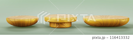 3d set of wooden podium display for beauty cosmetic product presentation. Isolated empty wood round and oval plate tray for sushi, asian food. Natural table platform, pedestal mockup. 3D illustration 116413332