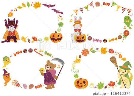 10月　ハロウィーン　仮装した動物たち　イラスト素材　丸フレームセット 116413374