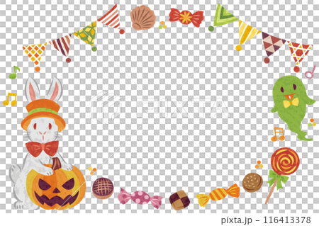 October Halloween costumed rabbit illustration round frame 116413378