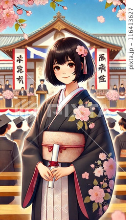 袴姿で卒業式に出席するショートボブの女の子 116413627