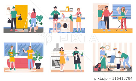 Young family cleaning home. Couples doing housework together. Housewives, householding process. Washing clean ironing, splendid vector scenes 116413794