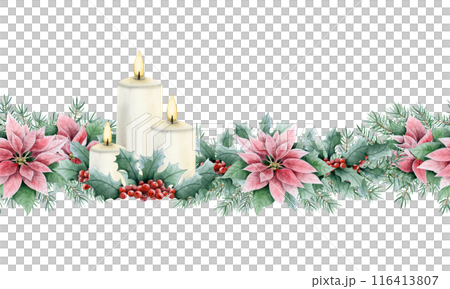 Christmas seamless border with candles, red holly berries and poinsettia flowers. Watercolor endless watercolor background for New Year holiday greeting cards and floral banners 116413807
