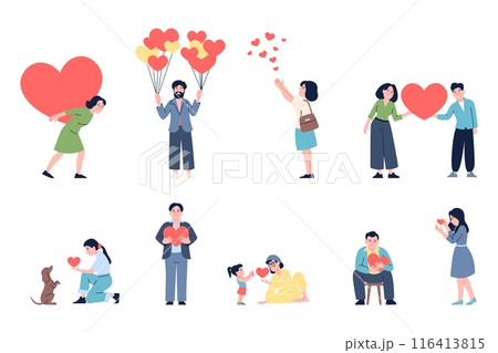 Sharing love. Kindness sympathy and empathy characters. People holding many hearts and share with animal and kids. Support recent vector set 116413815