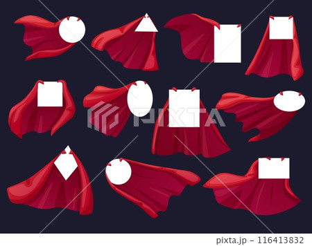 Red cape labels. Superhero flying cloaks with empty banners. Stickers for advertisements messages discount prices and information, nowaday vector templates Red cape labels. Superhero flying cloaks with empty banners. Stickers for advertisements messages discount prices and information, nowaday vector templates 116413832