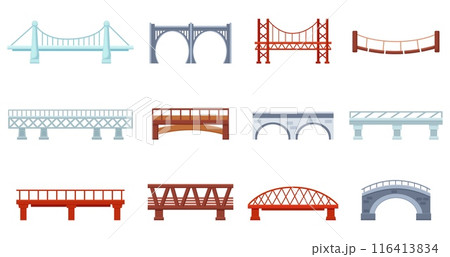 Cartoon bridges. Stone metal wooden bridge for urban and rural architecture. Railway tram span, urban industrial constructions nowaday vector set 116413834
