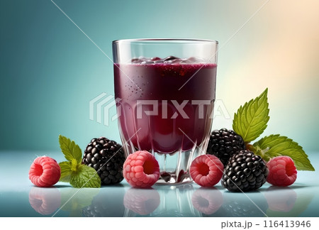 cold berry juice in a glass of blackberries and raspberries 116413946