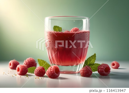 cold raspberries juice in a glass, isolated on green background 116413947