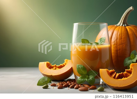 pumpkin juice in a glass, isolated on green background 116413951