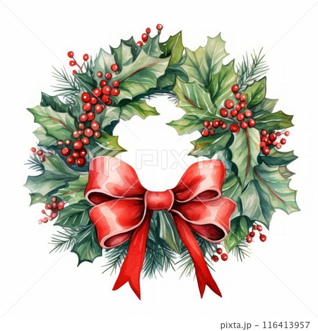 An elegant Christmas wreath with a red bow and holly berries, perfect for festive holiday decorations 116413957