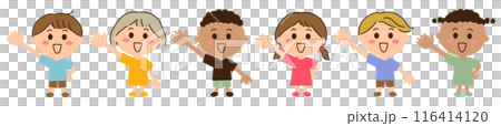右手を上げる6人の多国籍の子供たち 116414120