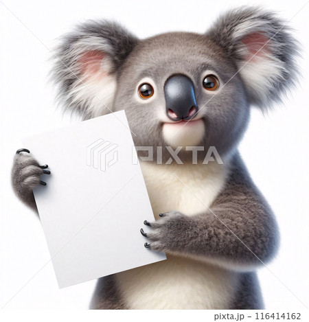 Cute 3d animals holding up an empty white sign, all isolated on a white background 116414162