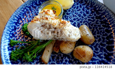Grilled Cod fish with fresh asparagus and potato cuisine gourmet menu 116414518