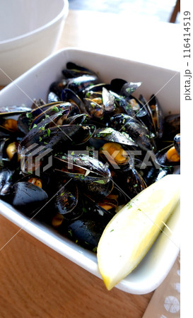 Steamed Mussels in white wine, herbs and lemon on white bowl, Steamed Mussels in white wine, herbs and lemon on white bowl, 116414519