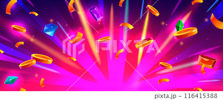 Win pink banner with flying coins, gems, confetti Win pink banner with flying coins, gems, confetti 116415388