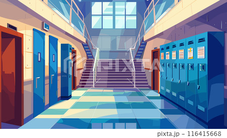 School Hallway with Stairs and Doors Lockers Cartoon Game Background Educational Institution Corridor Interior Design Classroom Doors Lockers Windows Learning Study Illustration 116415668