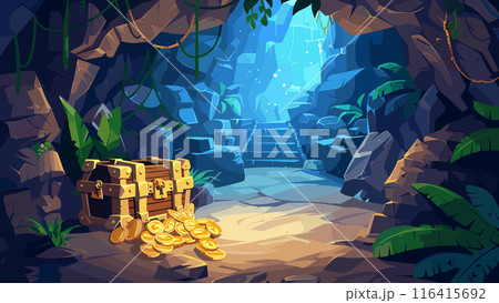 Pirate Treasure Cave Cartoon Game Background Game Level Illustration Adventure Island Chest Crew Gold Coins Chests Palm Trees Skull Crossbones Fun Fantasy 116415692
