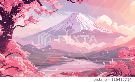 Mountain Fuji Pink Theme Cartoon Game Background Japan Japanese Landscape Mount Fuji Sakura Cherry Blossom Mountain Range Nature Scenery Adventure Illustration Fantasy 116415714