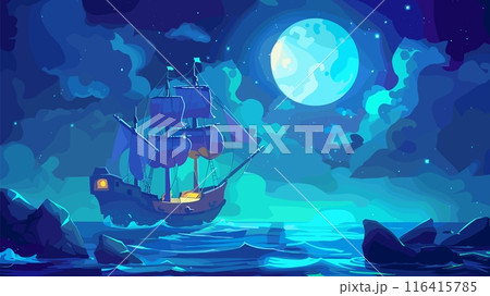 Frigate on the Night Sea Cartoon Game Background Adventure Ship Ocean Waves Stars Moon Night Sky Maritime Nautical Exploration Sailing Voyage Illustration Treasure Island Journey 116415785