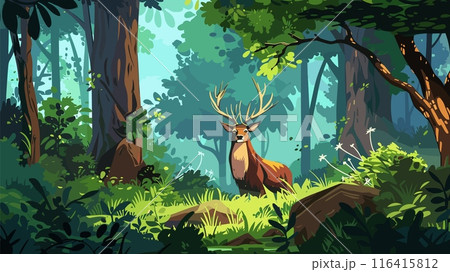 Deer Peeks in the Thick of the Forest Cartoon Game Background Wildlife Wilderness Nature Reserve Animal Habitat Woodland Creature Adventure Exploration Illustration 116415812
