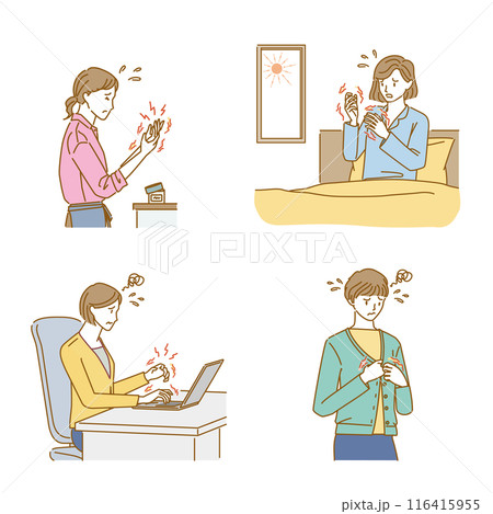 女性の更年期障害:手のこわばり・痛み・しびれのイラストセット 女性の更年期障害:手のこわばり・痛み・しびれのイラストセット 116415955