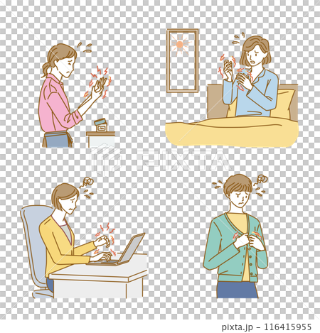 女性の更年期障害:手のこわばり・痛み・しびれのイラストセット 女性の更年期障害:手のこわばり・痛み・しびれのイラストセット 116415955
