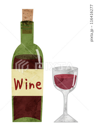 赤ワインのボトルとグラス水彩風ベクターイラスト 116416277