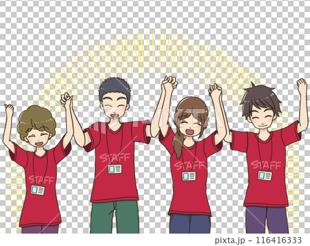 手を繋いで両手を上げるイベントスタッフTシャツを着た笑顔の男女 116416333