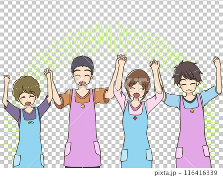 擔任護理人員或兒童保育員的男性和女性手牽手舉起雙手 116416339